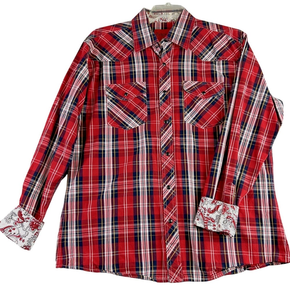 Patron Cito XL Red‎ Plaid Long Sleeve Shirt Black Pearl Snaps Western Flip Cuffs